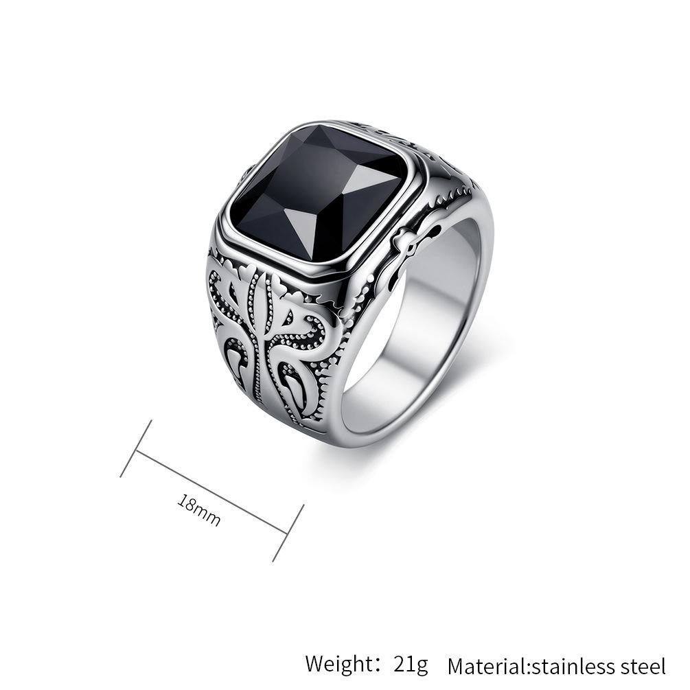 Black Stone Ring Stainless Steel Embossed Pattern for Men Vintage Jewelry