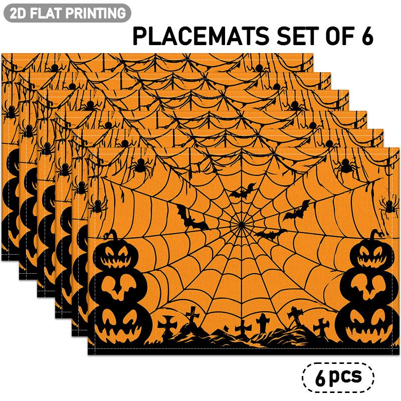 4/6pcs Halloween Themed Placemats, Featuring Spider Webs, Spiders, Bats, Jack-o'-lanterns, and Tombstone Patterns. Suitable for Halloween Celebration