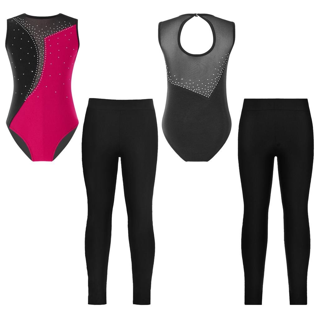 Eislauf Kinder Ärmellos Mädchen Gymnastik Strasssteine Dekoration Trikots Mit Leggings Zum Tanztraining Tragen