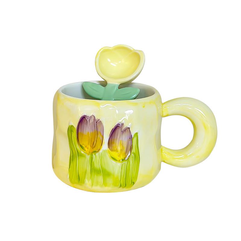 Tulip Cup for Girls with High-value Ceramic Mug with Lid Spoon Large Capacity Coffee Cup Souvenir