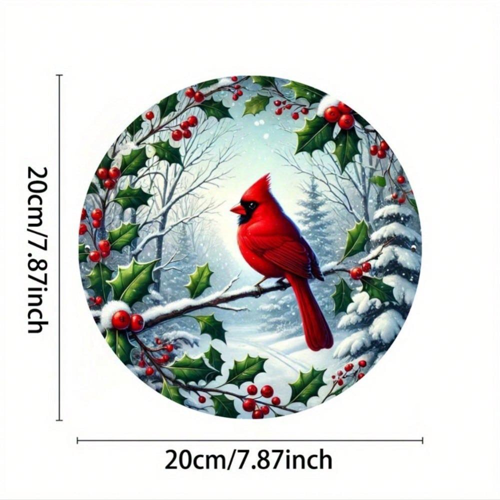 1PC Cardinal and Holly Berry Round Wreath Wall Art Decor Hanging Iron Metal Painting for Christmas Gift Home Garden Porch Bar Cafe Office