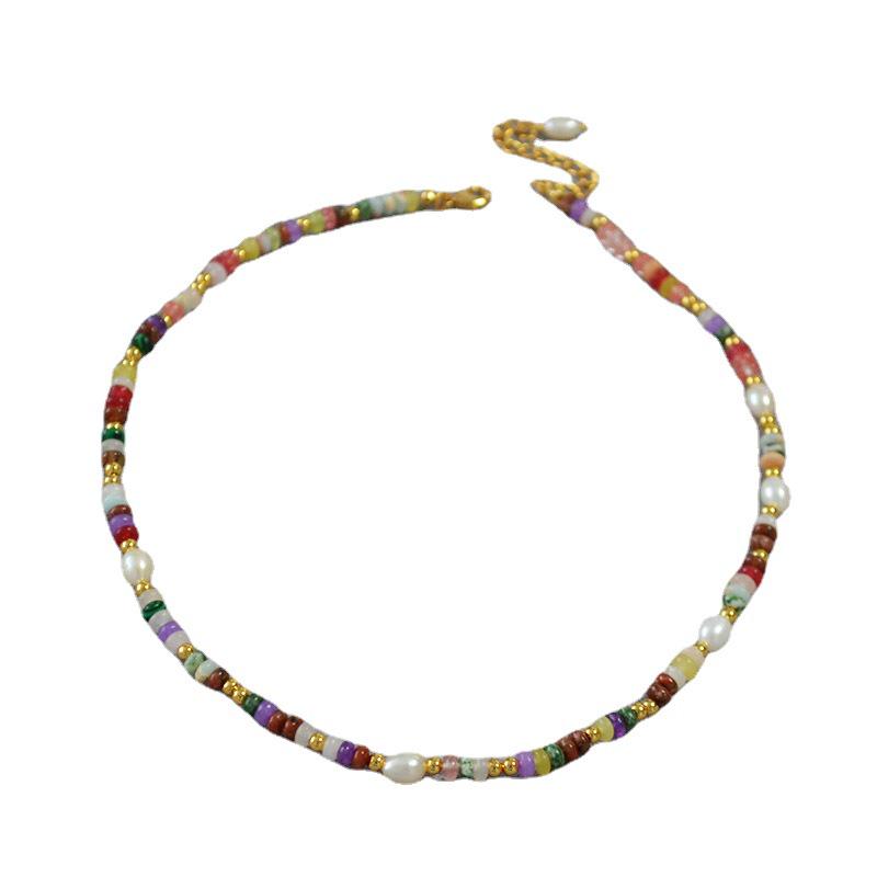 Bohemian Style Colorful Stone & Freshwater Pearl Minimalist Necklace for Women