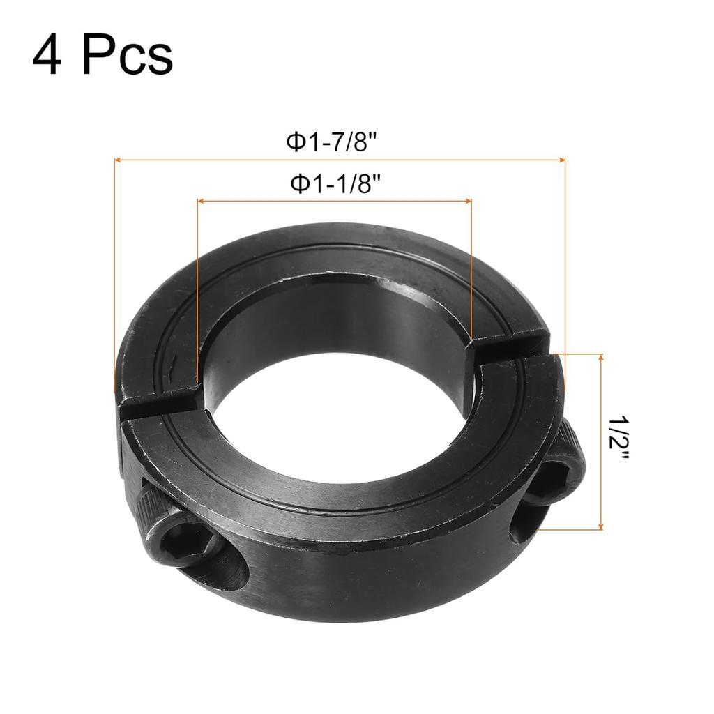 MECCANIXITY Shaft Collar 1 1/8" Bore Double Split Carbon Steel Clamping Collar Shaft Collars with Set Screw Black 4 Pack
