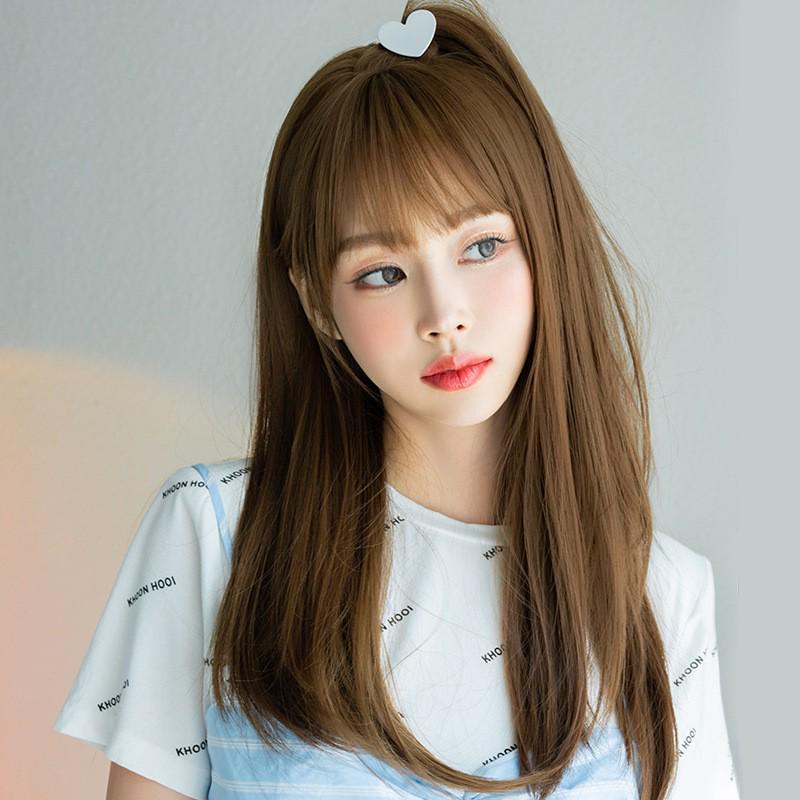 Women's Long Straight Wig with Air Bangs - Age-Reducing Fluffy Hairpiece