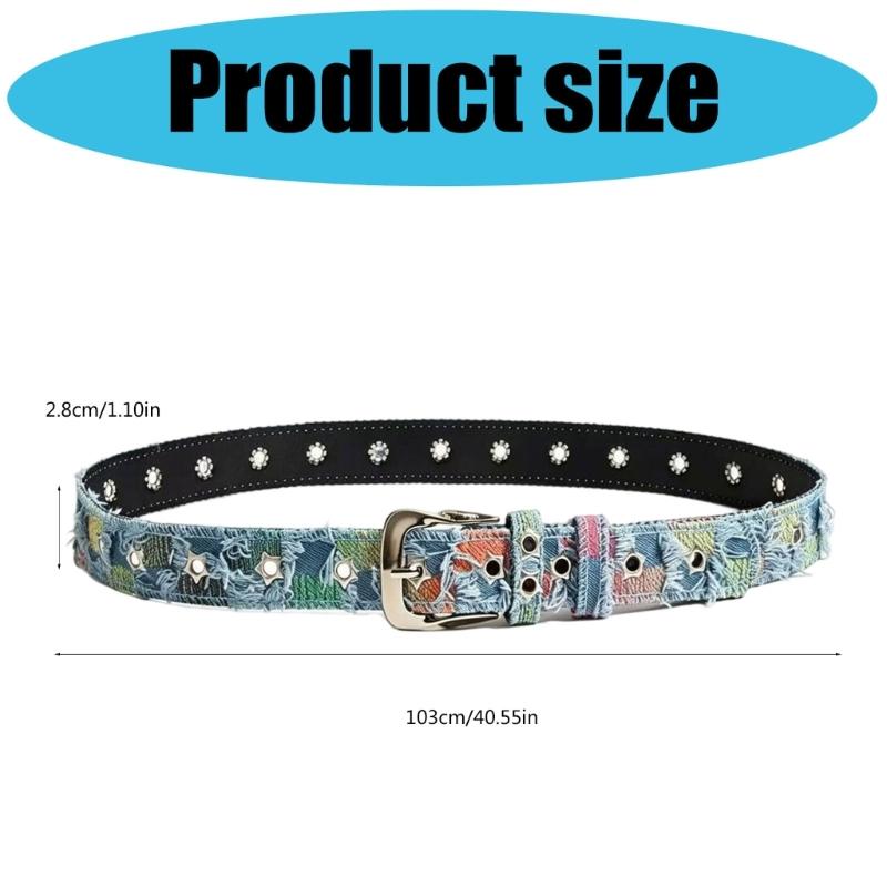 Distressed Street-Style Waist Belt with Star-Shaped Metal Grommets and Pin Closure for Cargo Pants, Jeans, and Skirts
