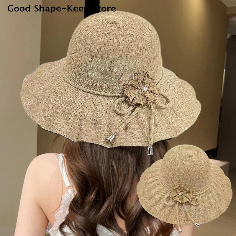 Fashion Casual Wide Brim UV Protection Straw Hat Breathable Beach Cap Bucket Hat Summer Sun Hat