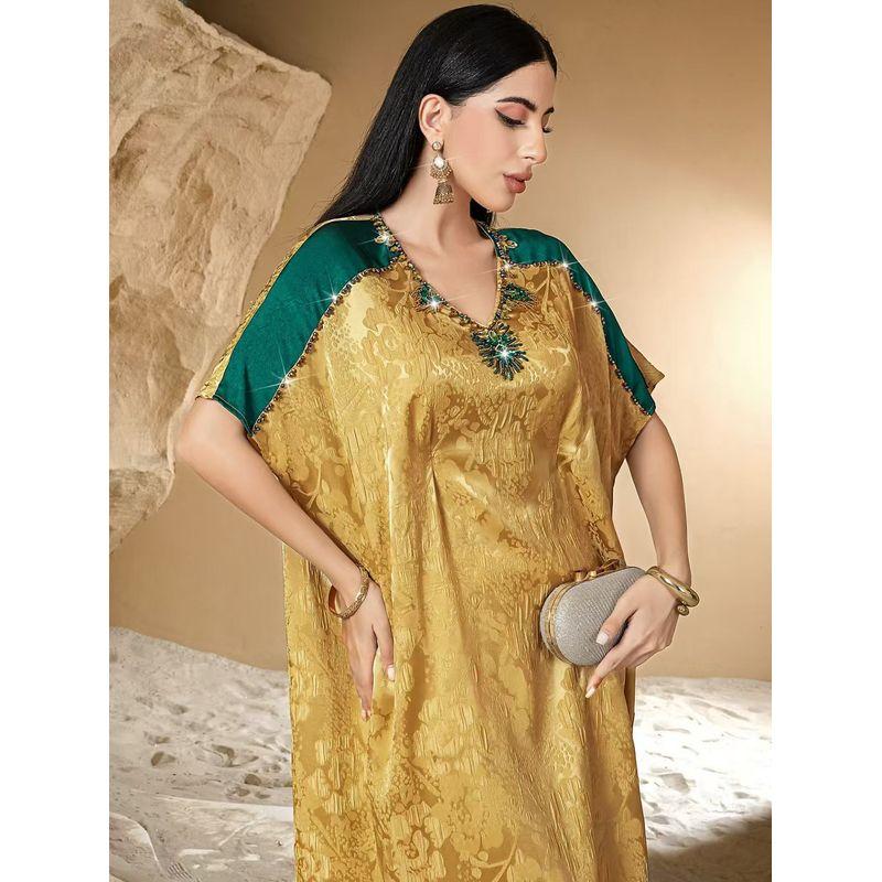 Middle East V-neck Handmade Beads Contrast Color Satin Stereo Jacquard Dress Handmade Beaded Dress