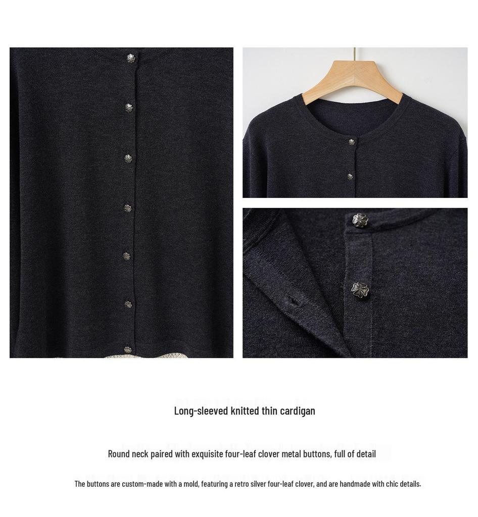 ES Lace Floral Grey Wool Knit Cardigan: Women's Lightweight Autumn Round Neck, Single-Breasted Jacket