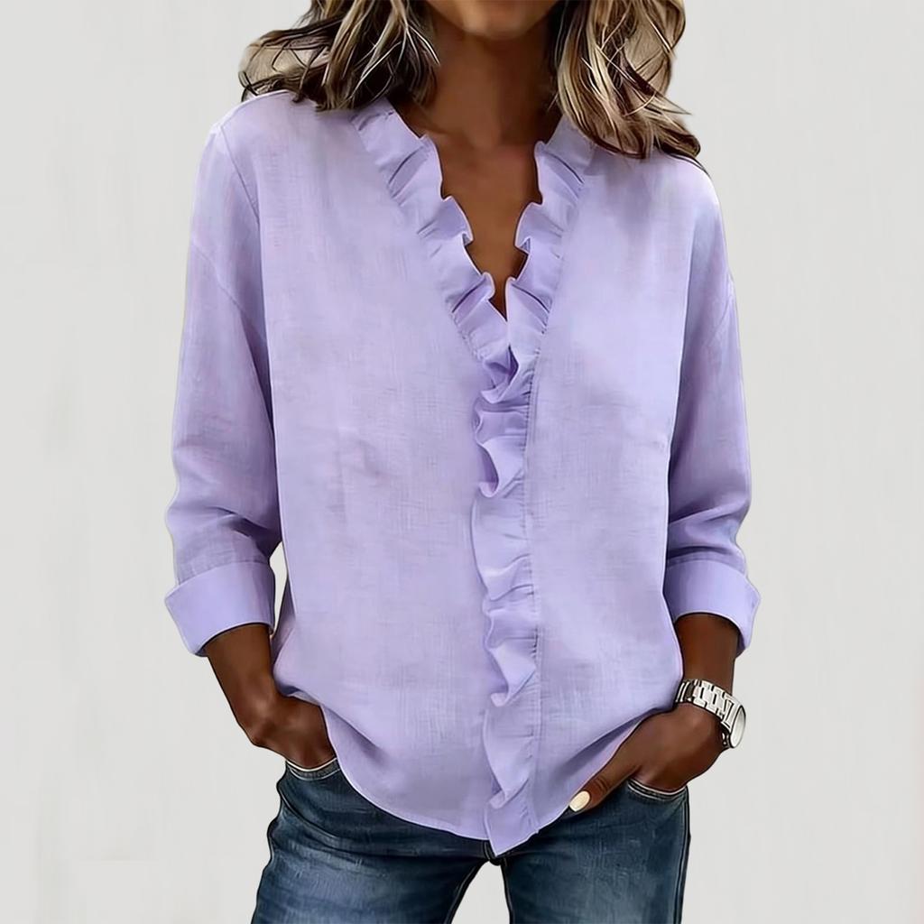 Women's Fashionable Color V Neck  Long Sleeved Shirt Casual Pullover Top