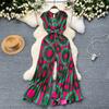 Holiday Ins Wear Women's Fashion Fancy Sleeveless V-neck Lace Up Waist Trimming Printing Loose Wide Leg Pleated Jumpsuit