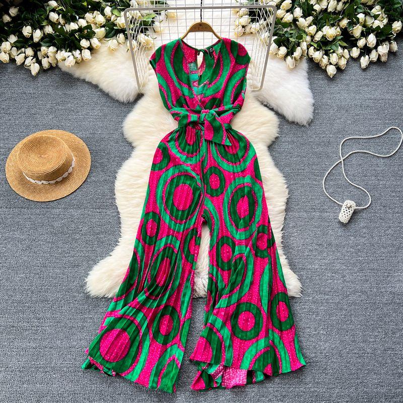 Holiday Ins Wear Women's Fashion Fancy Sleeveless V-neck Lace Up Waist Trimming Printing Loose Wide Leg Pleated Jumpsuit