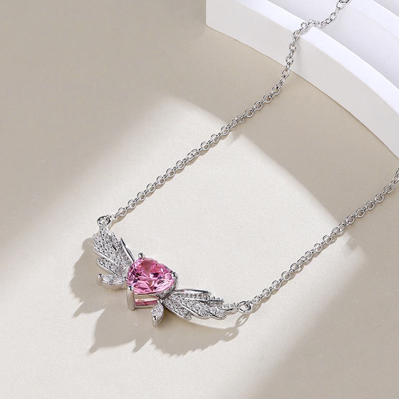 S925 Angel Wing Pink Zircon Heart