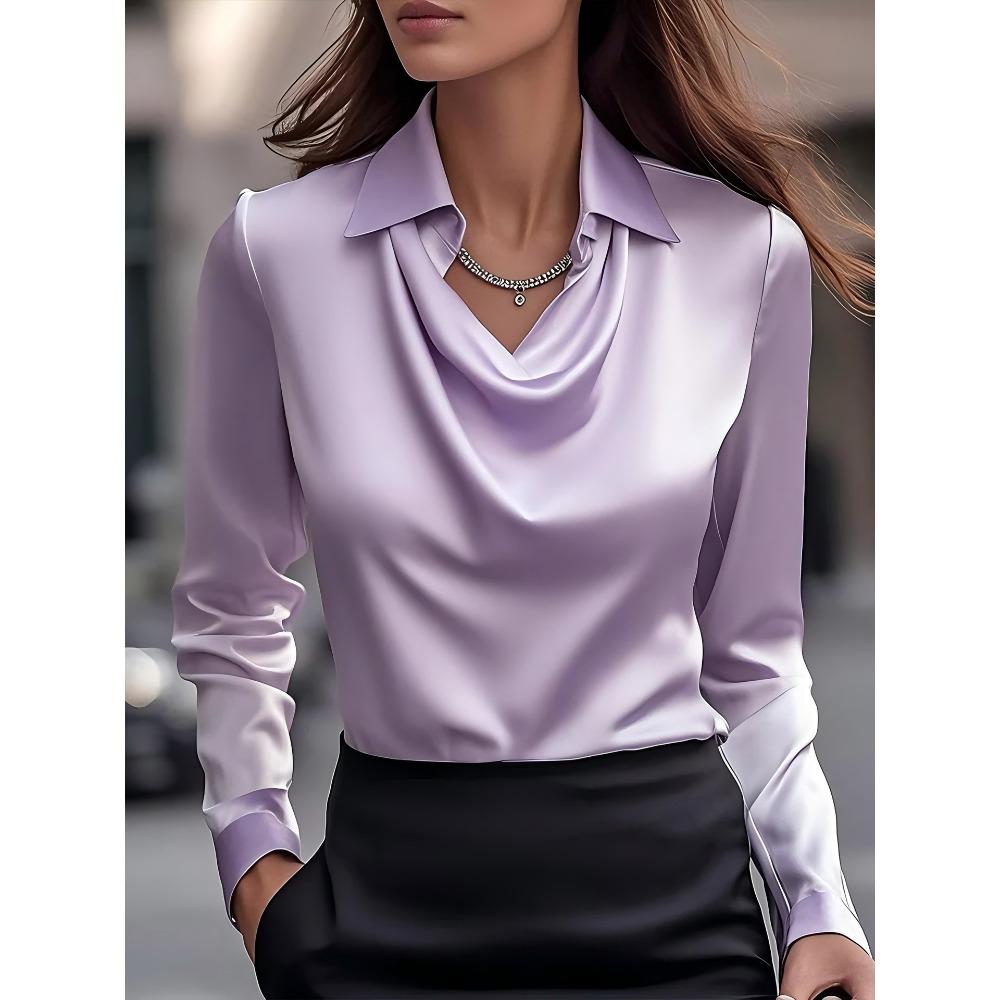 Women's Turn Down Collar Cowl Neck Long Sleeve Satin Blouse Elegant Solid Color Office Work Shirt Top