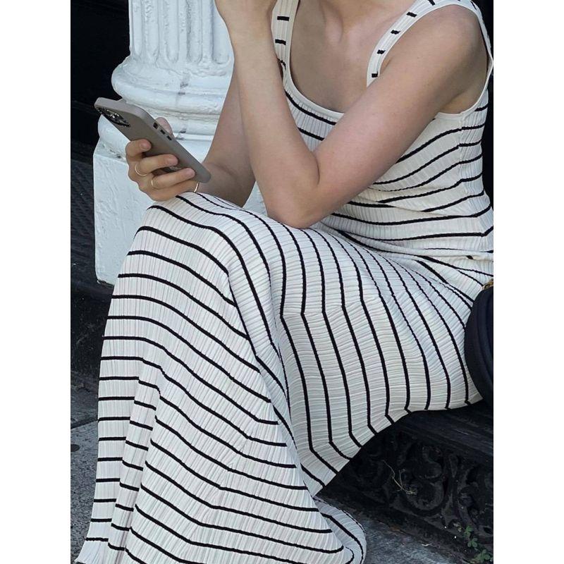 Stripe Vest Contrast Color European and American Style Beach Vacation Sexy Long dress Knitted Sunken Stripe Long Dress Summer Women