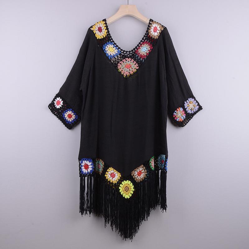 Spring and Summer Women's Beach Bikini Cover Up with Fringe Trim Women Sexy Hollow Tunic Beach Dress Bathing Suit Beachwear