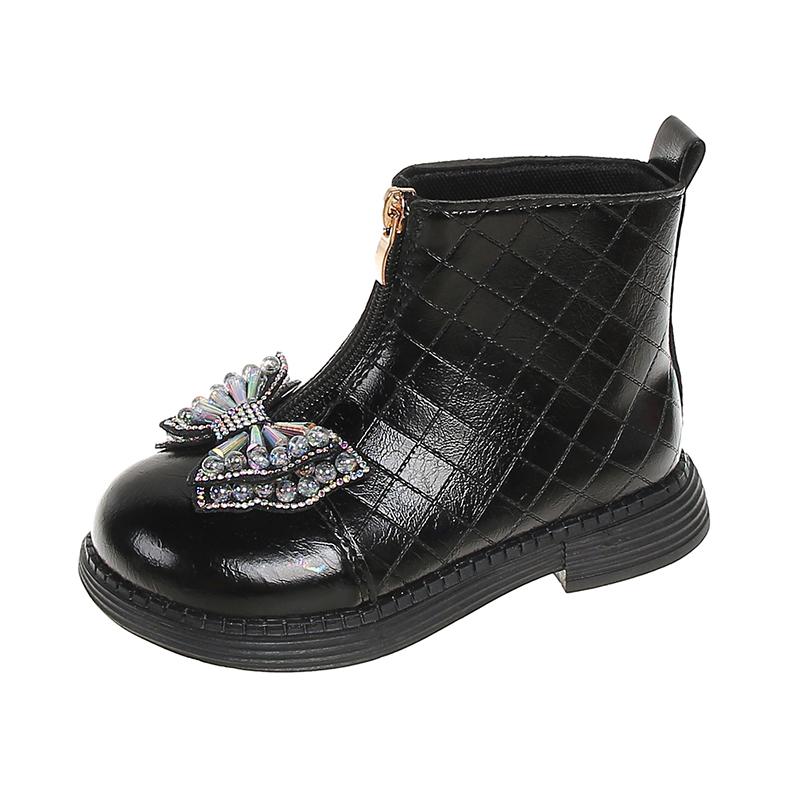 Girls Ankle Boots Children Flats Bottom Princess Rhinestone Boots with Bow-knot Front Zip Glossy Fashion Kids Chelsea Boots 2024