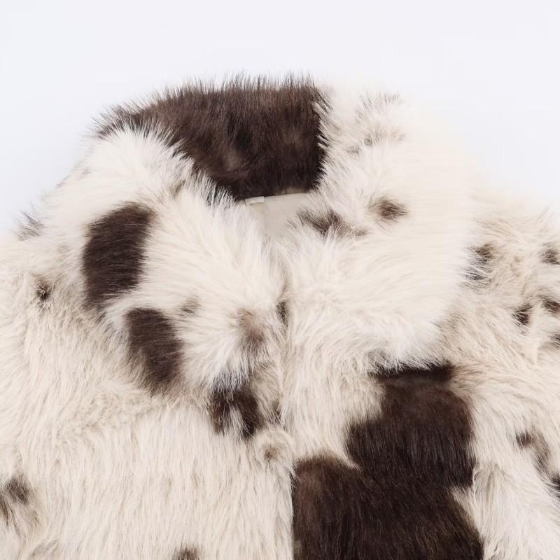 Womens Winter Faux Fur Color Block Animal Print Bomber Jacket Streetwear