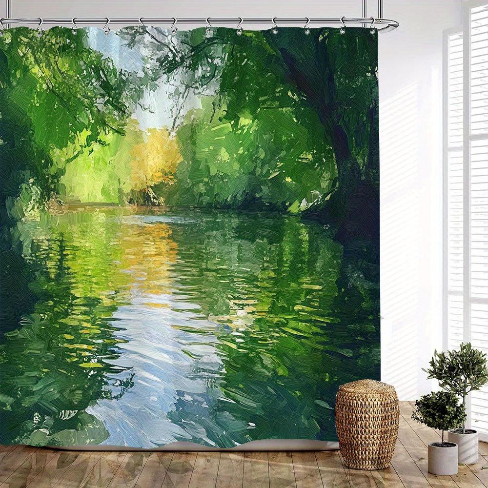 1 Stück sonnenbeschienener Fluss-Badevorhang - Impressionistisches Landschaftsdesign mit spiegelglattem Wasser & üppigem Blätterdach, gesprenkelter Lichteffekt,