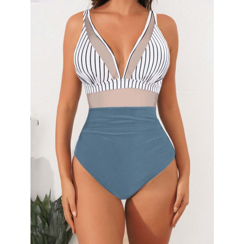 Women's Sexy One Piece Swimsuit Deep V Neck Sheer Mesh Backless Tummy Control Solid Color Monokini Summer Beach Bathing Suit Swimwear
