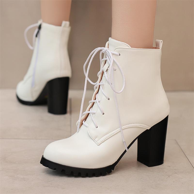 ANNYMOLI Women Ankle Boots Pointed Toe Block High Heels Lace-up Zipper Short Boots Ladies Fashion Shoes Autumn Winter 46