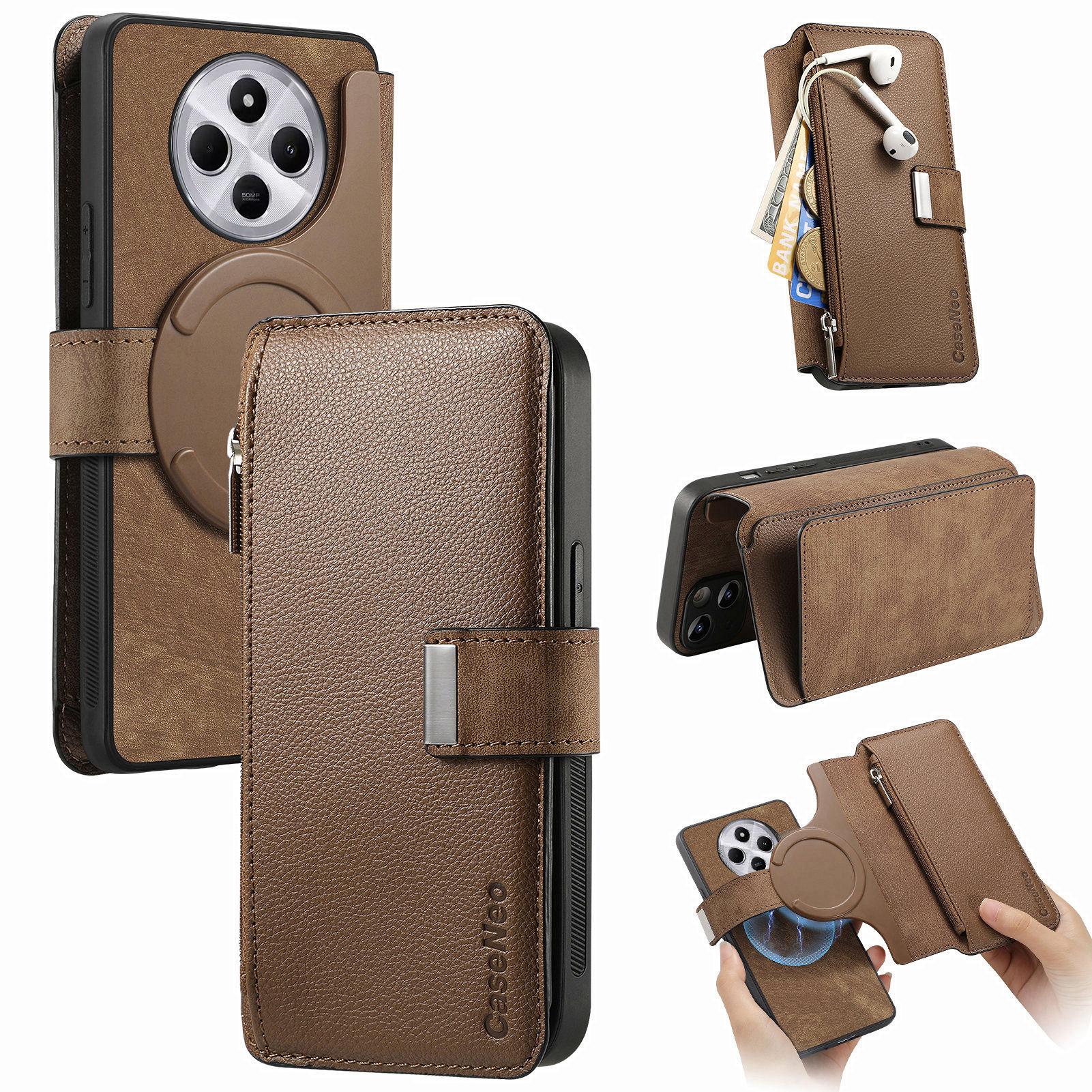 

CASENEO MW-02 Phone Case For Xiaomi Redmi 14C 4G/14R 5G/Poco C75 4G Detachable Magnetic Leather Flip Phone Cover Brown