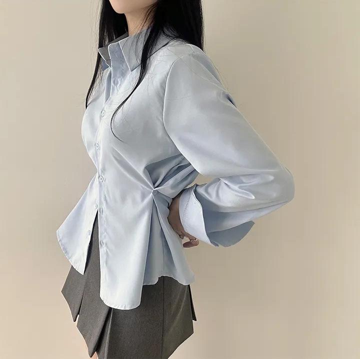 Cămașă minimalistă coreeană cu culoare uni, cu talie legată, pentru slăbit, cu mâneci lungi, pentru femei