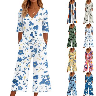 Damen Lockerer Lässiger V-Ausschnitt Bedruckter Jumpsuit Slim Fit Weitbeiniger Jumpsuit Weitbeiniger Jumpsuit
