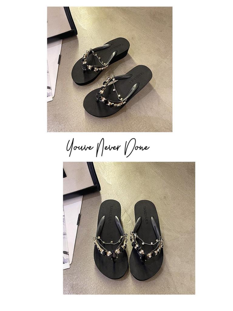 2023 Women's Summer Rhinestone Chain Flip Flops: Stylish Wedge Heel Sandals for Beach Vacations