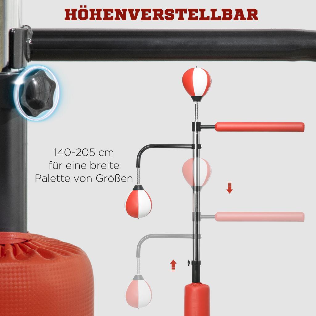 Boxing Stand, Two Speed Balls, Rotating Boxing Bar, Kick Pads, Height-Adjustable, Steel, 107 x 36 x 140-205cm