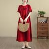 Summer 2025 Retro Cotton Linen Patchwork Dress - Women's Plus Size, Round Neck, Short Sleeve.