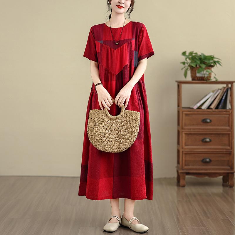 Summer 2025 Retro Cotton Linen Patchwork Dress - Women's Plus Size, Round Neck, Short Sleeve.