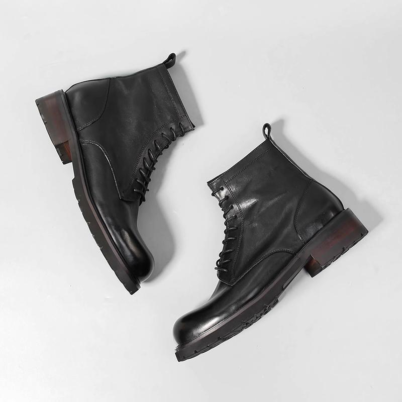 Retro Handmade Mens Ankle Boots High Quality Horsehide Leather Round Toe Thick Soled Outdoor Casual Knight Boots Platform Shoes