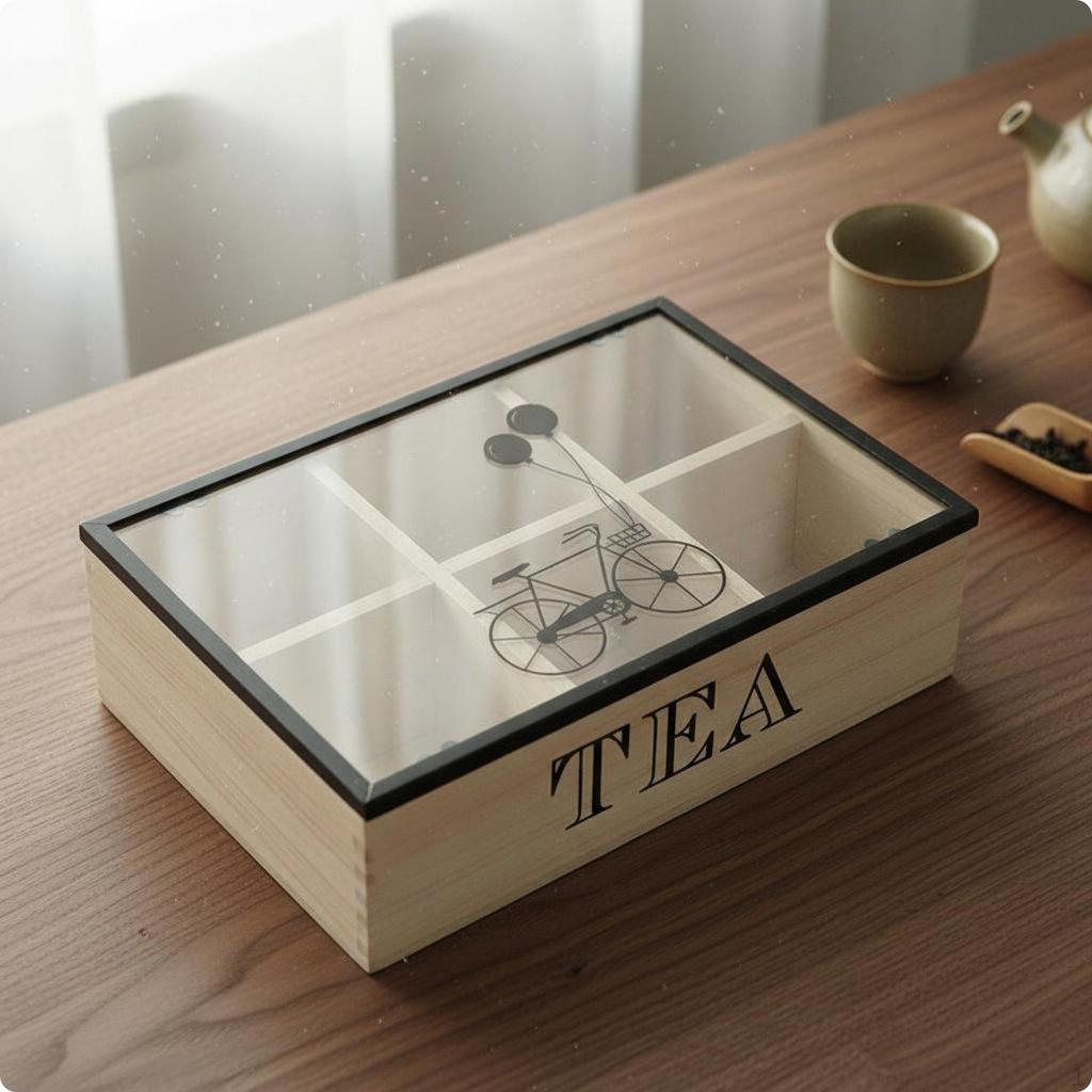 Wooden Tea Box Separate Compartments Packet Organizer Desktop Display Lidded for