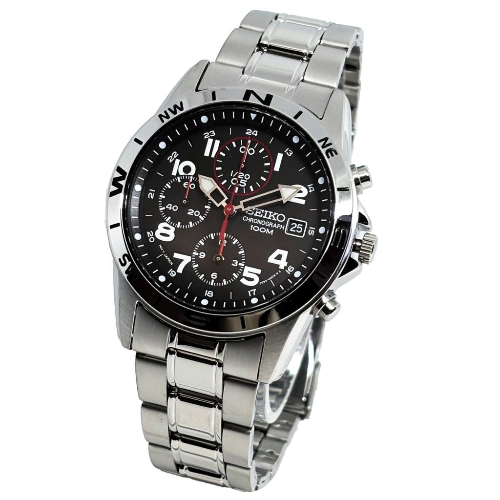 SEIKO Chronograph Japanese black x silver metal SND375P1, movement, band, men's watch