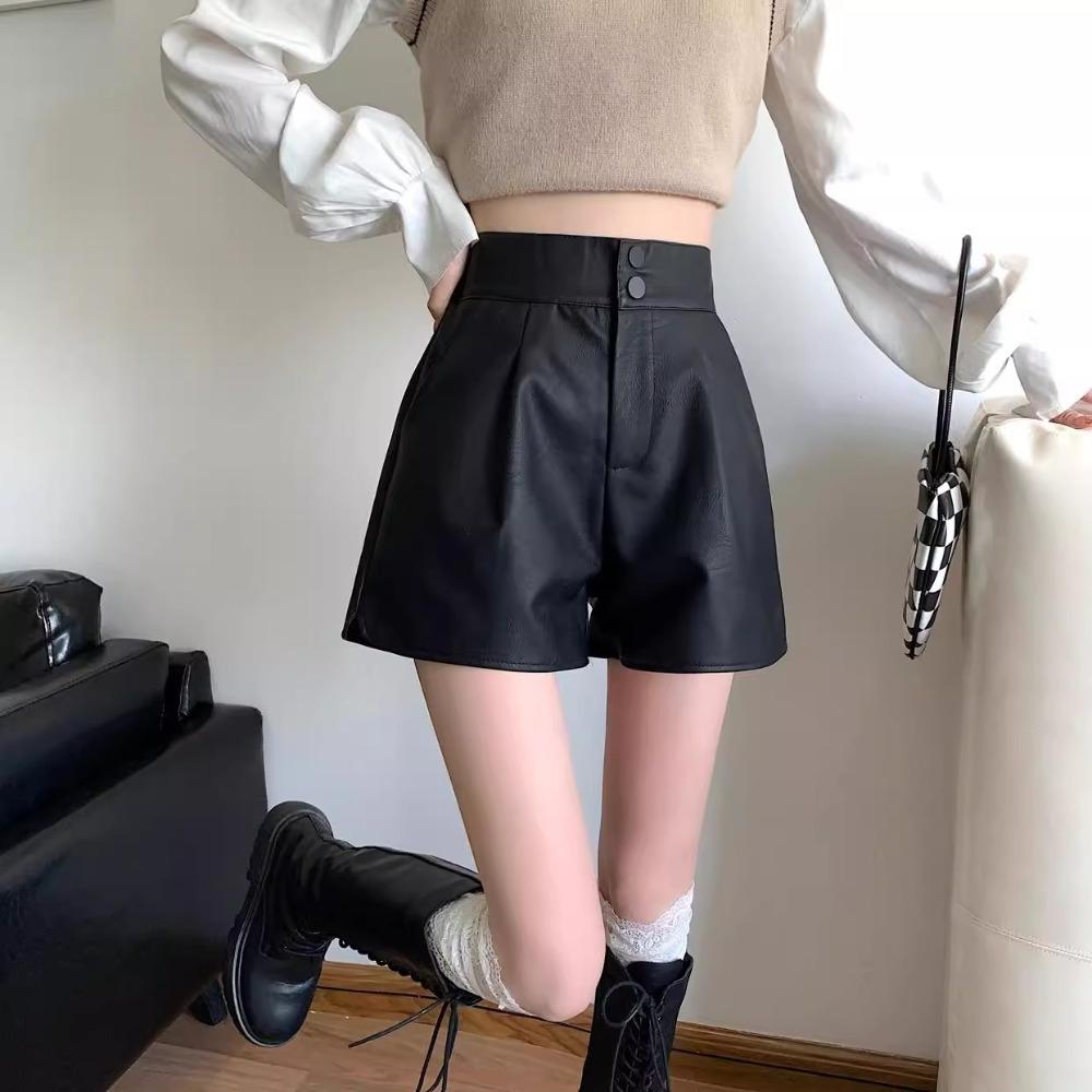 PU High Waist Leather Shorts Baggy Elastic Waist Shorts All Match Hot Woman Short Pants  Summer