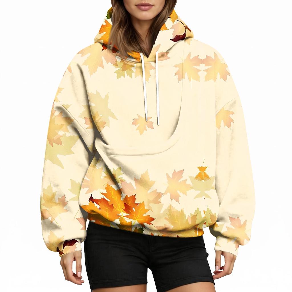 Women's Fashion Hooded Sweatshirt with Leaves Print and Pet Pocket for Casual Wear