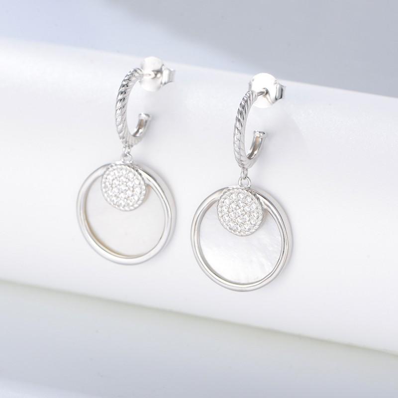 Geometric Circle Shell Earrings With Micro Pave Zirconia Sterling Studs Women Fashion Daily Wear 925 Sterling Silver