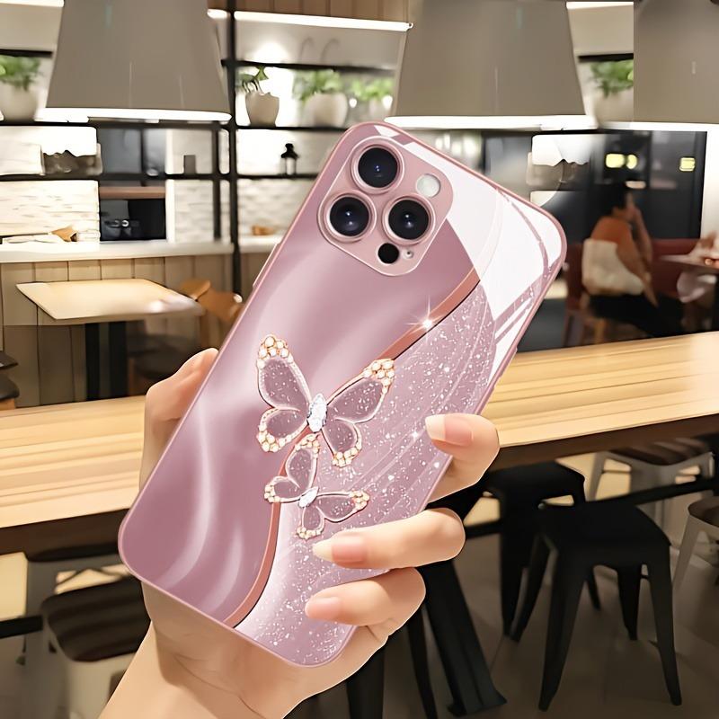 Diamond Butterfly Pattern Pink Metallic Paint Glass Hard Phone Case For iPhone 17 Pro Max 11 12 13 14 15 16 Plus 16E 17Air Cover
