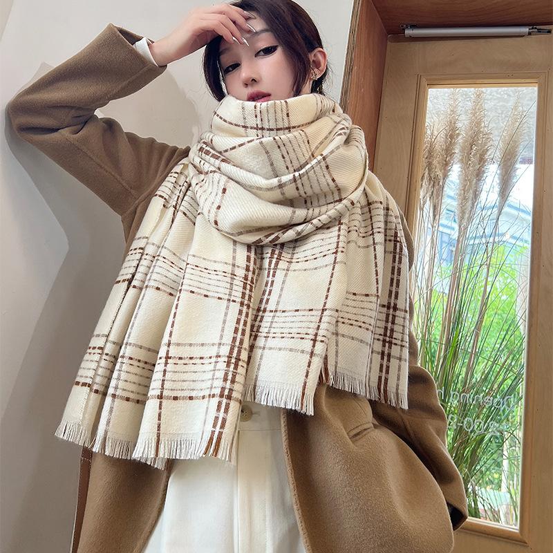 Versatile Wool Scarf for Women in Autumn and Winter Fashionable  Gentle and Simple  Fine Grid Scarf Warm Comfortable  Elegant and High End Shawl
