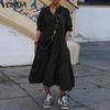 VONDA Summer Women's Ruffled Long Dress Puff Short Sleeve Button Down Solid Color Casual Loose Maxi Dresses Plus Size