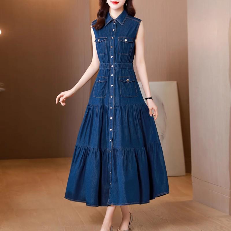 2026 Women s Summer Sleeveless Denim Dress - High Waist A-Line Slimming Long Skirt Style 4XL