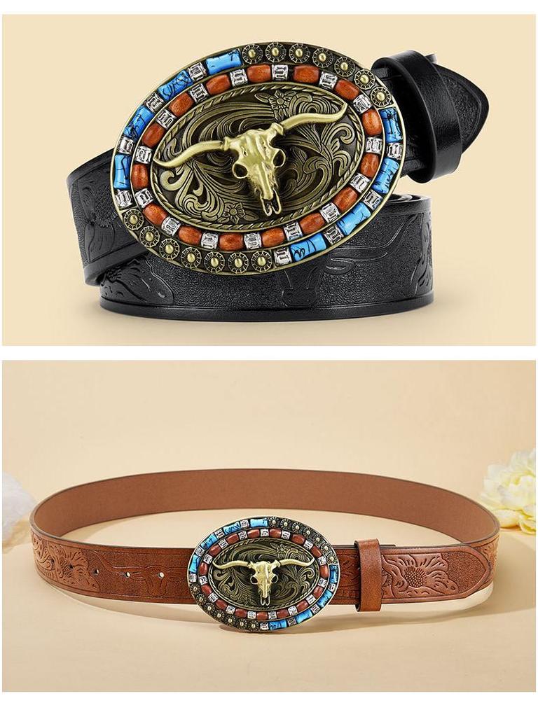Men's Bull Head Western Leather Belt with Large Buckle