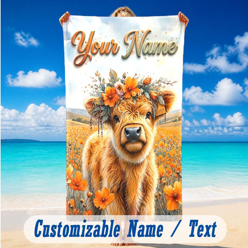 Cow Highland Theme Beach Towel Personalized Custom Name & Text Soft Quick Dry Beach Towel for Swimming Travel