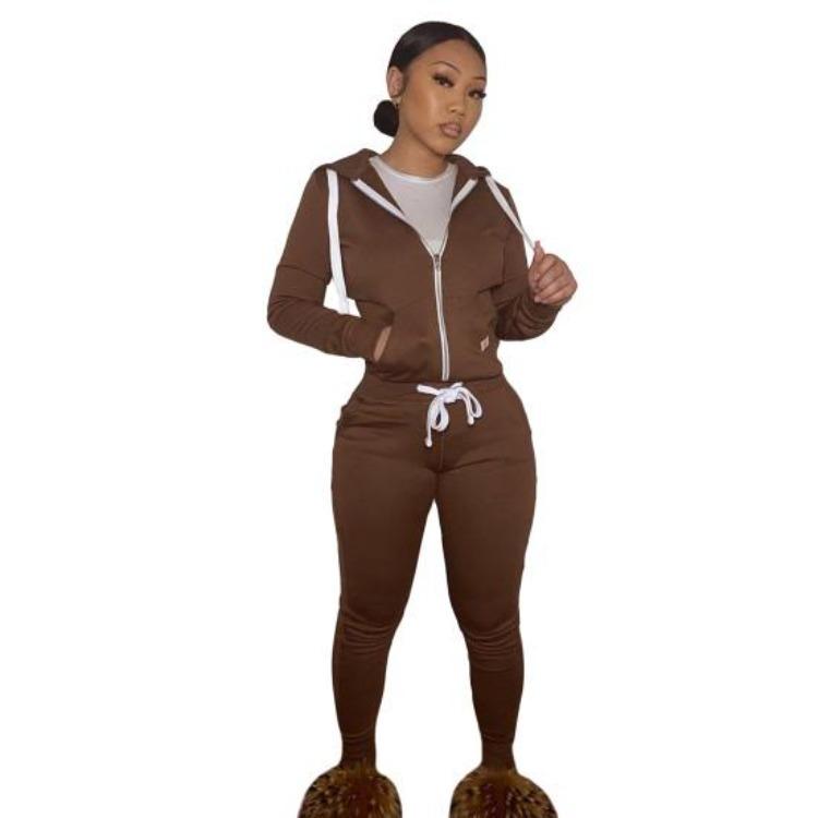 2Pcs Winter Women Tracksuit Set Fleece Lining Hooded Sweatshirt Coat with Long Sleeves Pockets Zipper Placket Elastic Waist Jogging Fall Solid Color