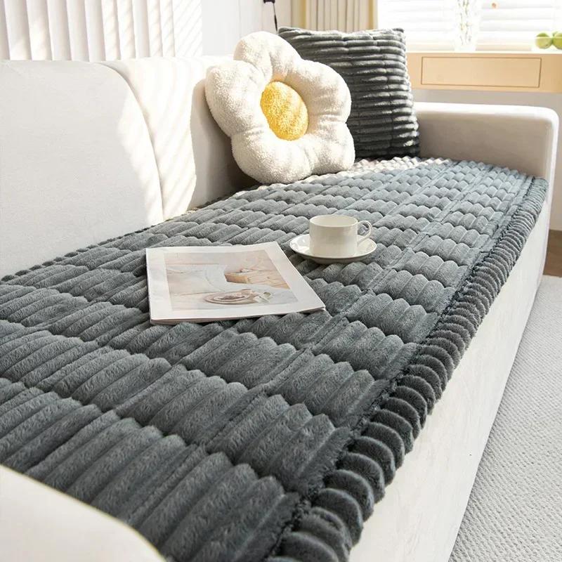 

1PC Corduroy Quilted Sofa Towel Winter Warm Thickening Plush Cushion Couch Cover L-shaped Sectional Anti-slip Modern Sofa Cover 60x60cm темно-сірий колір