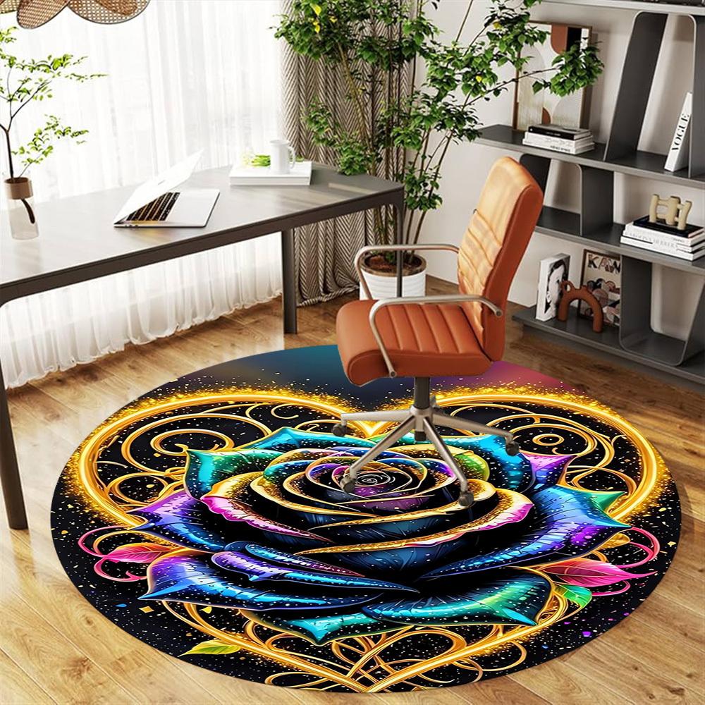 1pc Rainbow Rose Golden Heart Round Chair mat Area Rug - Non-Slip, Floor Mat for Office, Bedroom, Ideal home decor Christmas Gift p0811465