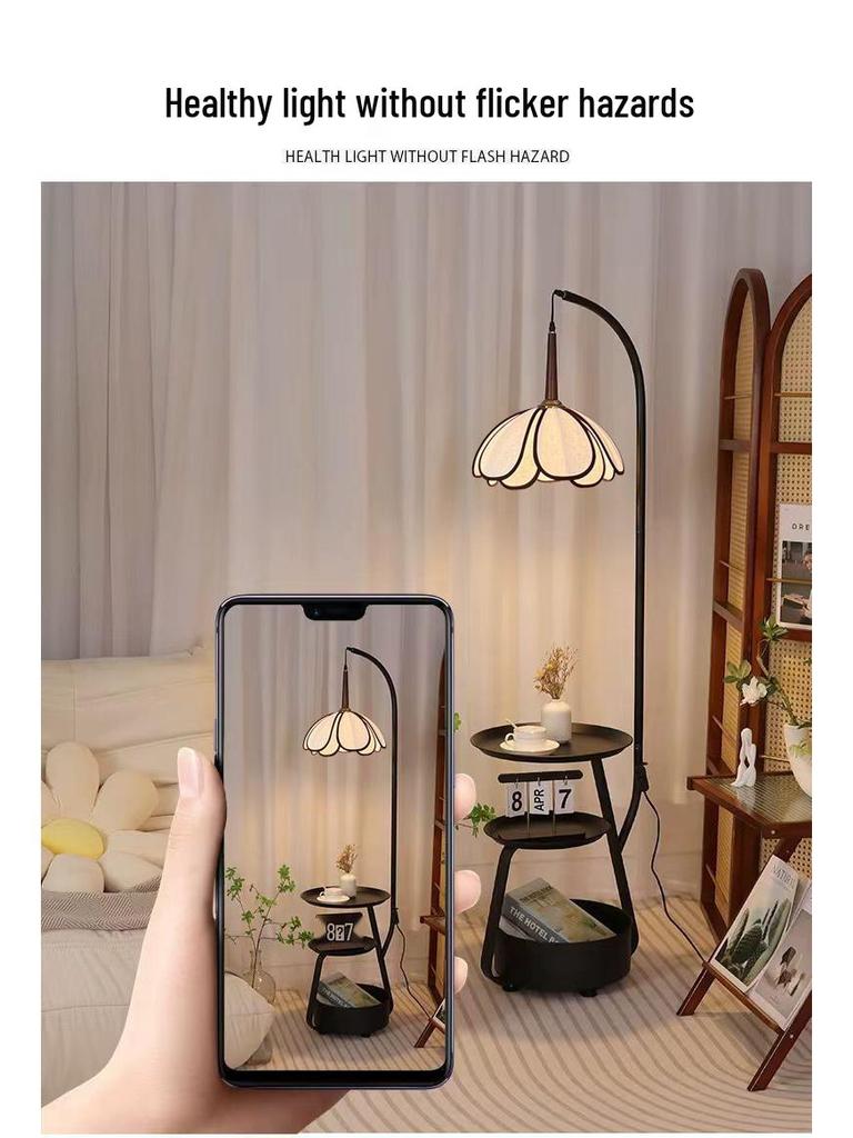 Chinese-Inspired Floor Lamp with Side Table and Storage, Perfect for Living Room Décor
