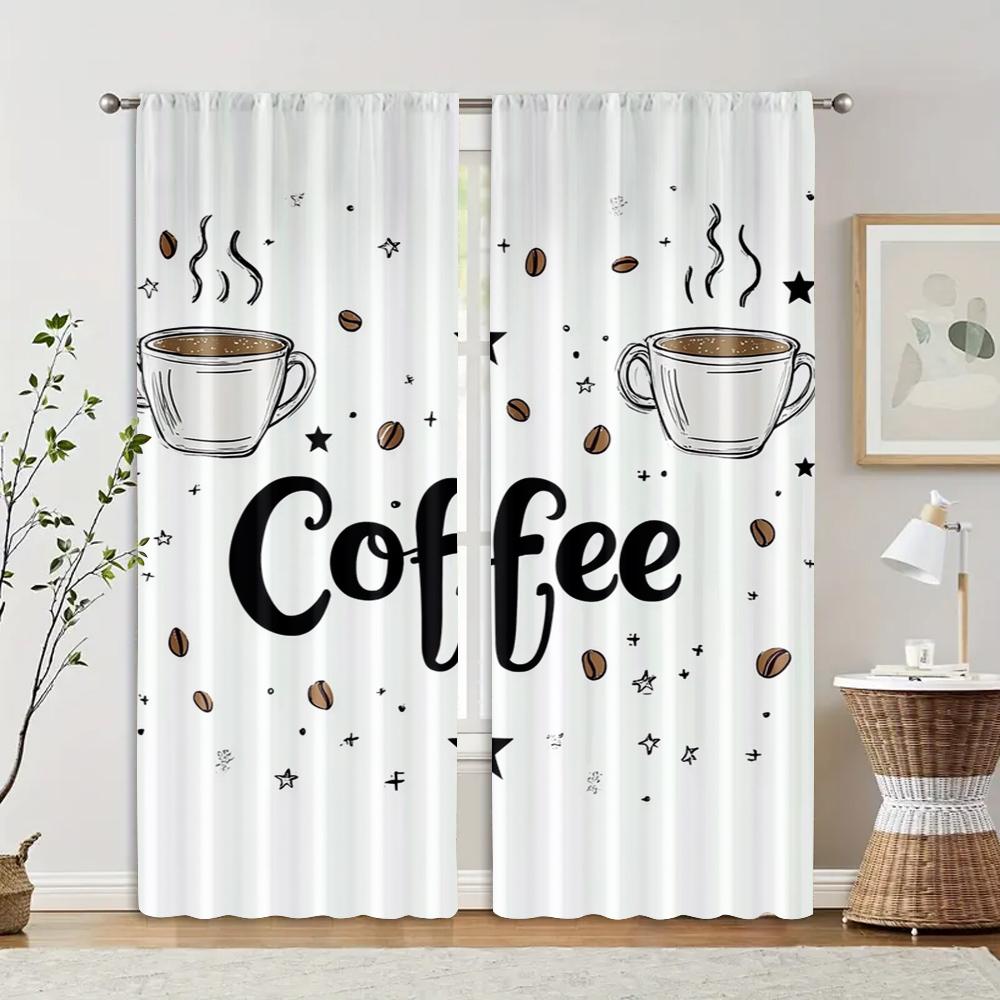 2pcs, Creative Curtains Two cups of coffee Machine Washable Fabric (without rod) Decorations Outdoor Ldeal for Bedroom, Living