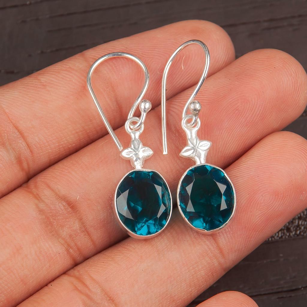 Blue Apatite Gemstone 925 Stamped Silver Jewelry Handmade Earrings 1.30" For Her EE-6-12