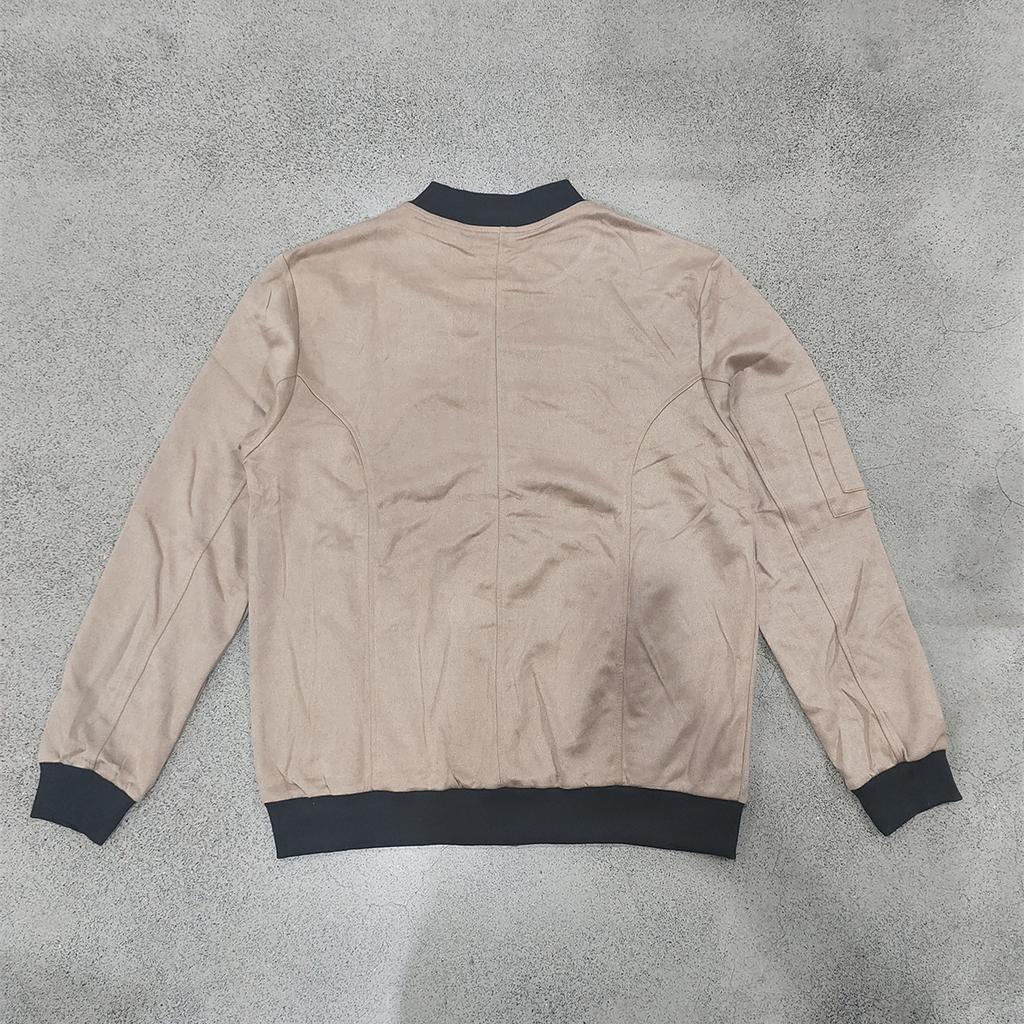 Men Faux‑Suede Bomber Jacket, Snap‑Button Front Contrast Ribbed Collar Cuffs Hem Zippered Sleeve Pocket Side Hand Pockets Casual Streetwear Outerwear